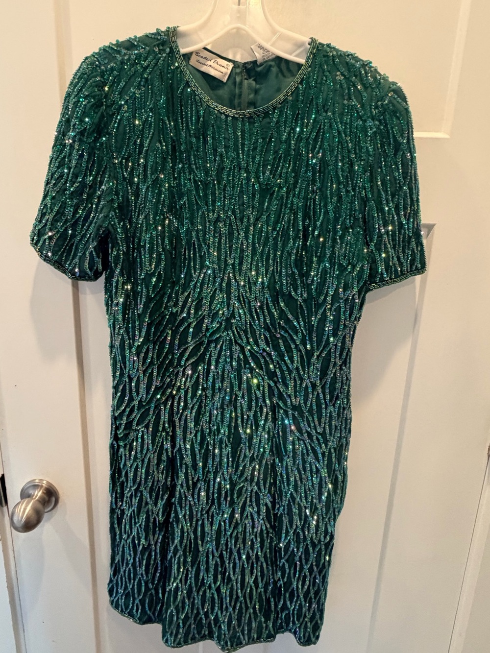 Beaded Drama Emerald Green Silk Beaded Sequin Cocktail Dress medium